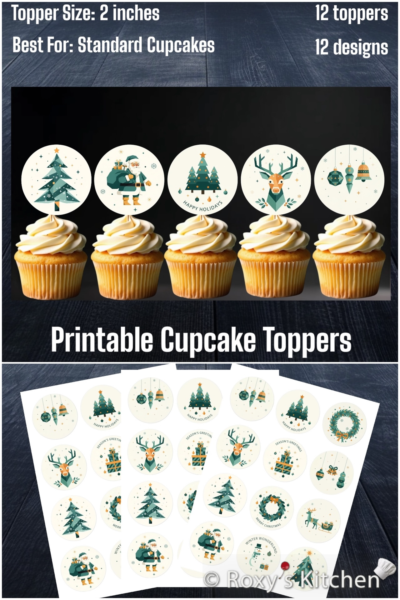 Modern Nordic Christmas Cupcake Toppers (2'') - 12 Printable Designs