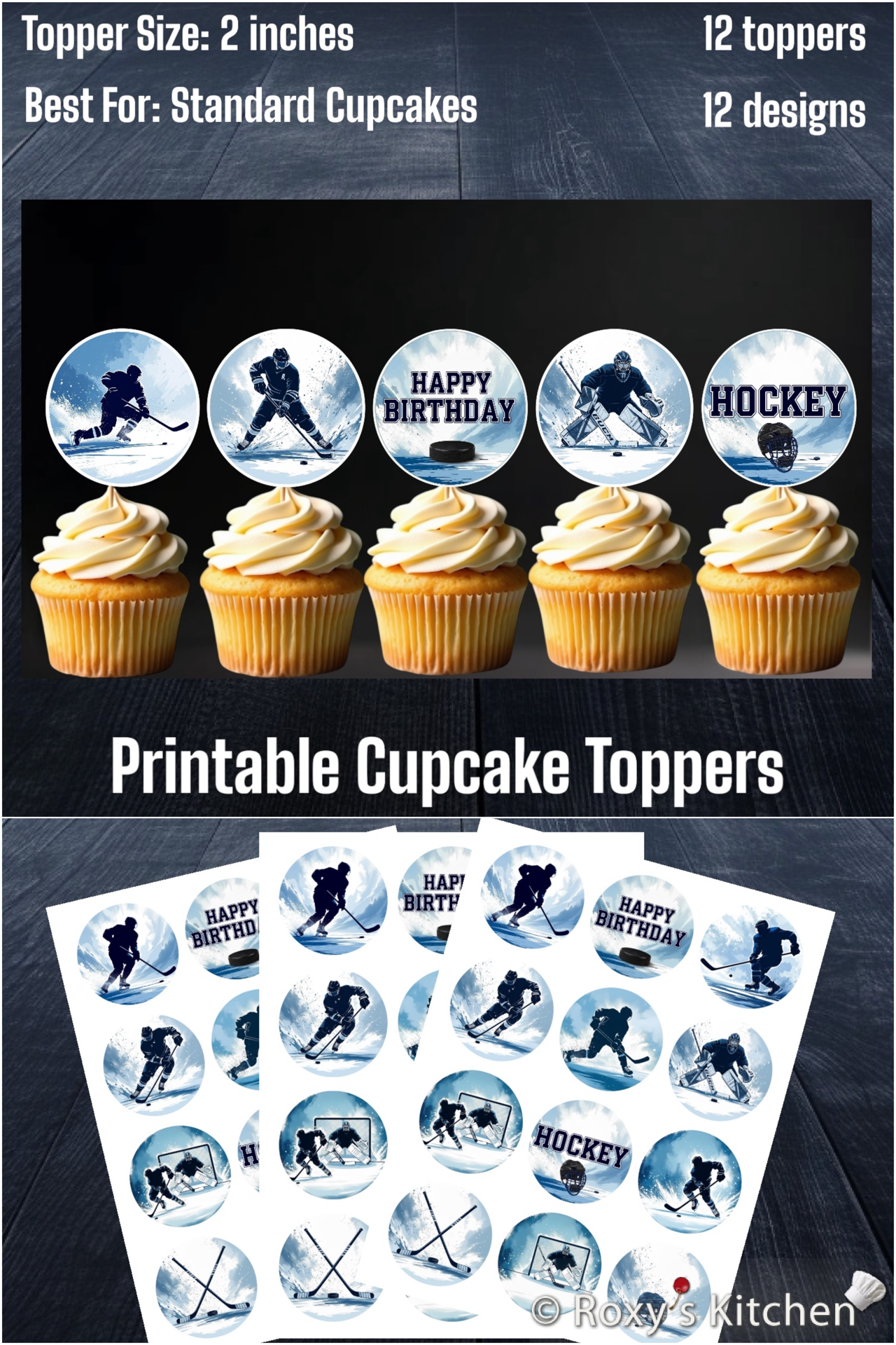 Printable Ice Hockey Cupcake Toppers (2'') - 12 Designs